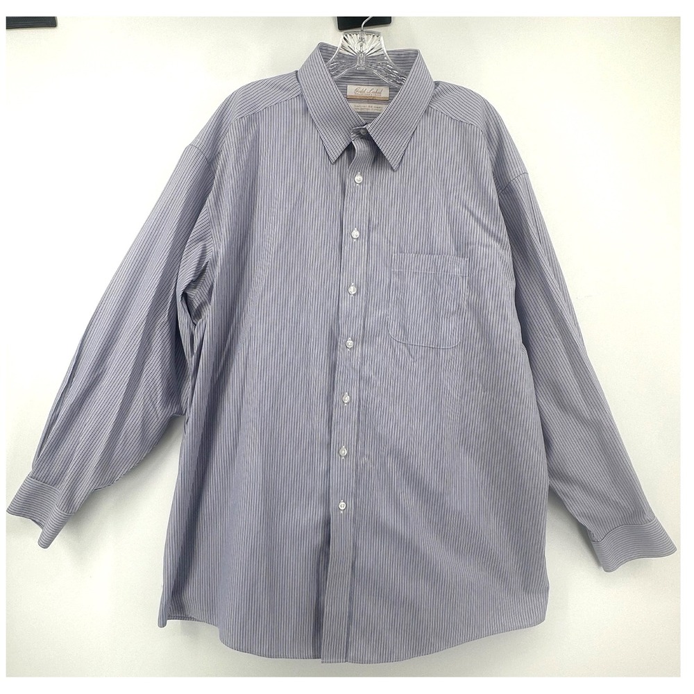 Roundtree & Yorke Gold Label Mens Striped Non-Iron Dress Shirt Blue 17.5 35